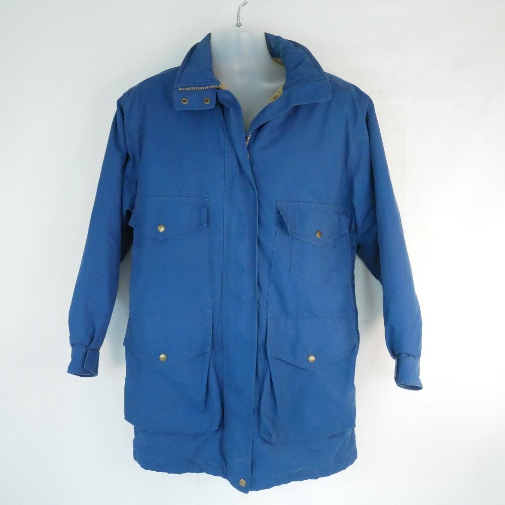 Lands End Jacket Womens Medium Blue Vtg Chore Coat Wool Plaid Lined M ThermoLite